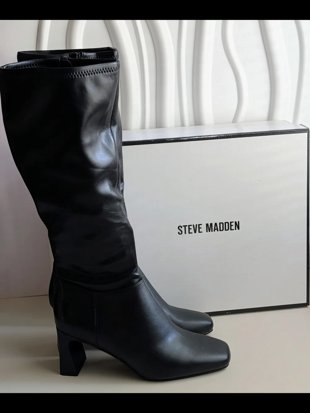 Steve Madden Hunny Black Knee High Boots Square Toe Heeled Size 8 New In Box
